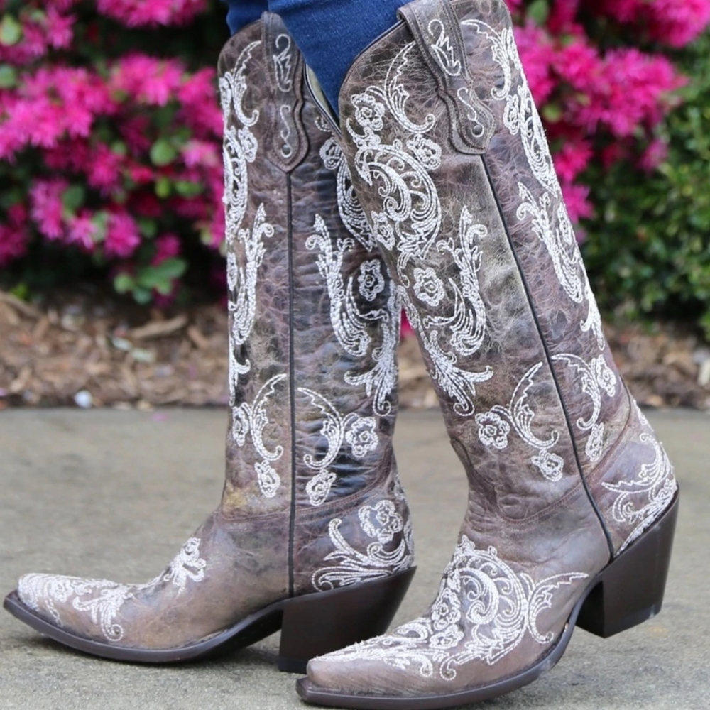 CORRAL G1027 tall brown/ivory floral snip toe cowgirl boots country wedding 8.5